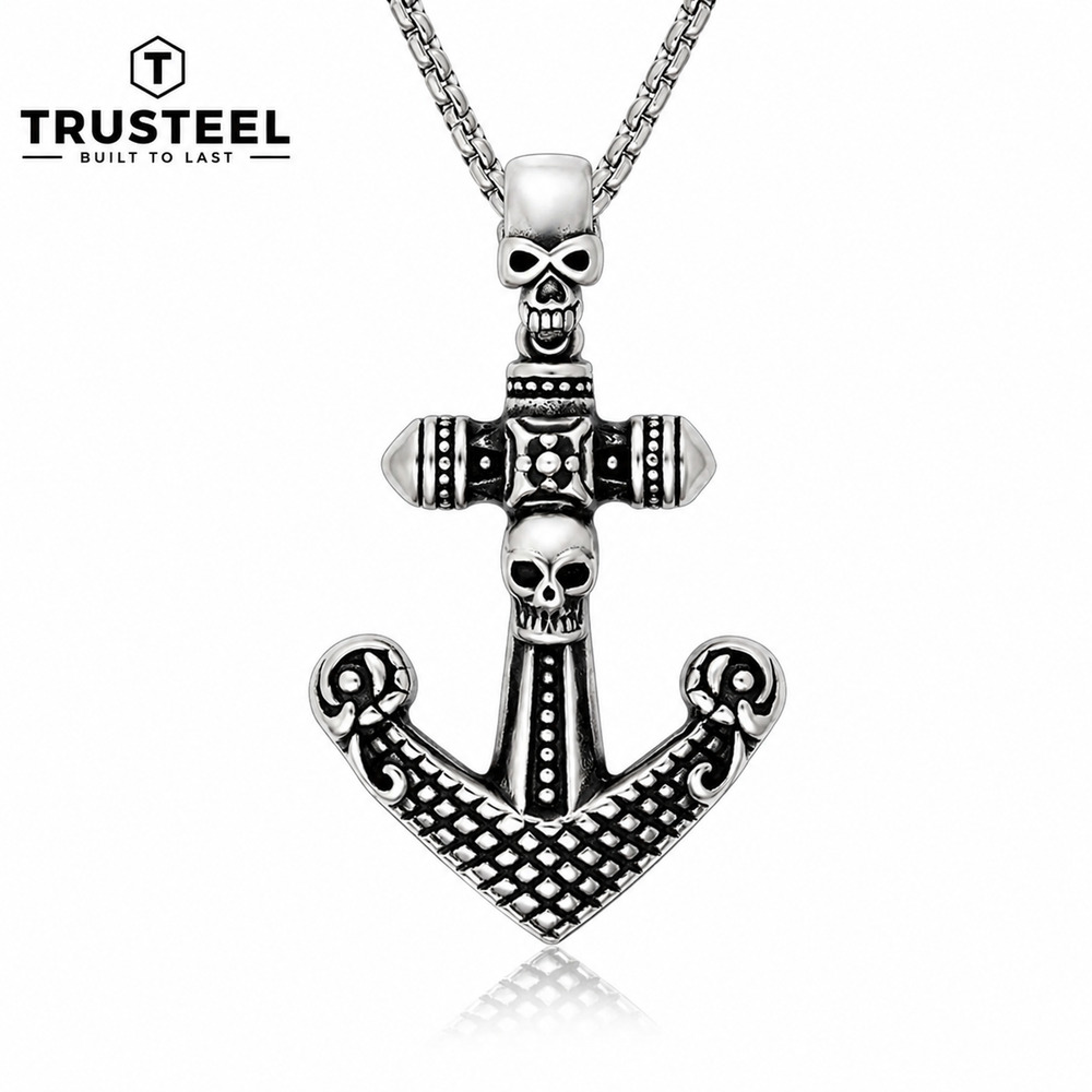 316L Stainless Steel Skull Anchor Pendant Necklace Gothic Pirate Biker Jewelry